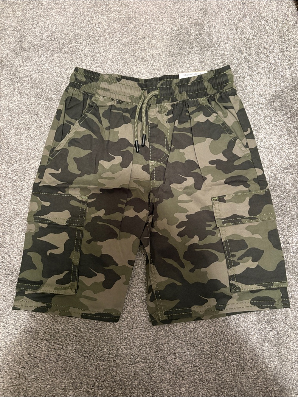 Kids Camo Cargo Shorts - Olive Green